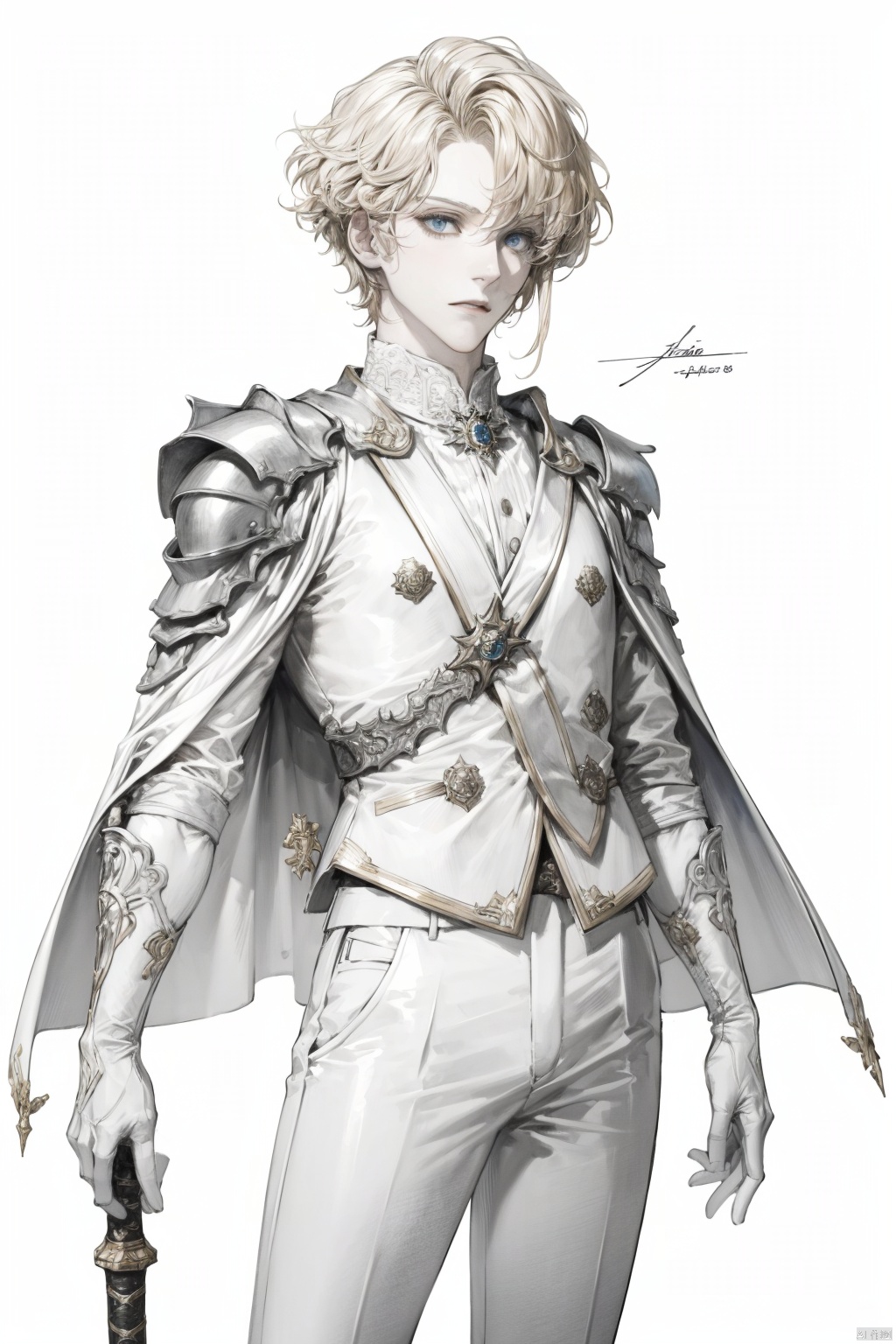 (best quality), ((masterpiece)), (highres), illustration, original, extremely detailed,jjj,1boy, male focus, blonde hair, blue eyes, solo, weapon, gloves, sword, looking at viewer, simple background, white gloves, white background, pants, cape, white pants, short hair, long sleeves, white cape,