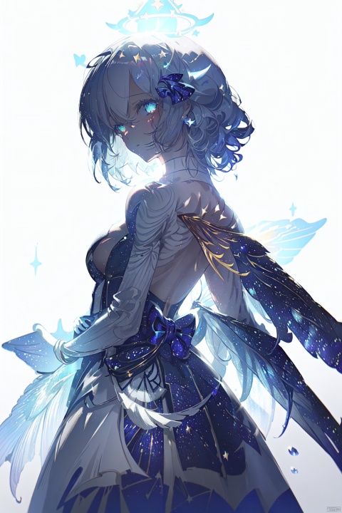  ((best quality)), ((masterpiece)),((ultra-detailed)), (illustration), (detailed light), (an extremely delicate and beautiful),
((solo)),((cowboy shot)),
(((a beautiful girl))),((small_breasts)),((looking at viewer)),
(galaxy adorns colorful wings),(((starry_wings,galaxy_wings):1.5)),(Glowing line tattoos),
(galaxy adorns colorful dress),(Glowing halo),
(beautiful eyes),white hair,
[(white background:1.7):white background:5],
((standding))