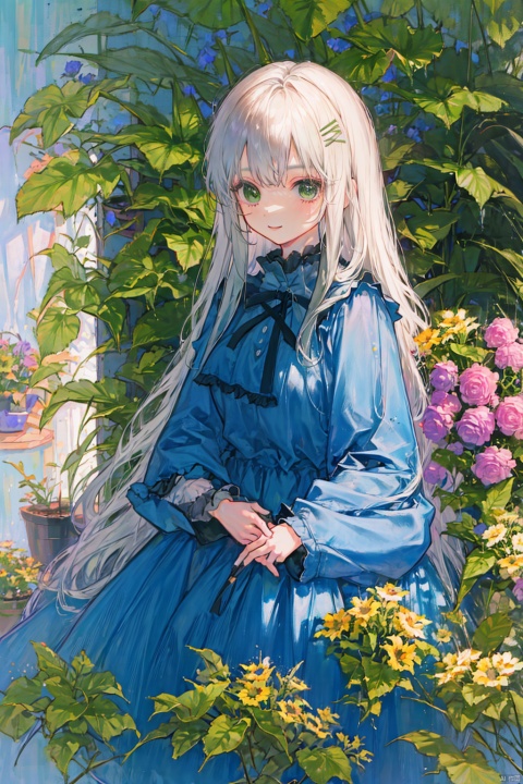  1girl, bangs, white_hair, bouquet, breasts, flower, flower_pot, green_eyes, hair_between_eyes, holding, holding_flower, indoors, long_hair, looking_at_viewer, plant, potted_plant, purple_flower, ribbon, smile, solo, vase, watering_can