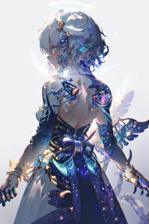 ((best quality)), ((masterpiece)),((ultra-detailed)), (illustration), (detailed light), (an extremely delicate and beautiful),
((solo)),((cowboy shot)),
(((a beautiful girl))),((small_breasts)),((looking at viewer)),
(galaxy adorns colorful wings),(((starry_wings,galaxy_wings):1.5)),(Glowing line tattoos),
(galaxy adorns colorful dress),(Glowing halo),
(beautiful eyes),white hair,
[(white background:1.7):white background:5],
((standding))