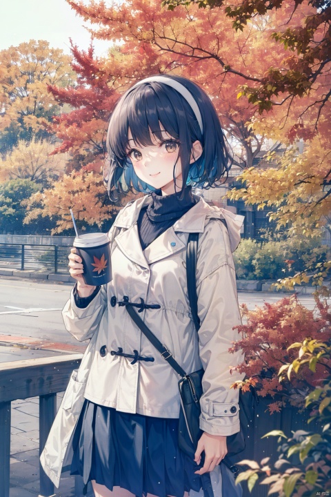 1girl, autumn, autumn_leaves, long_hair, solo, tree, holding, outdoors, hairband, skirt, holding_cup, railing, ferris_wheel, cup, long_sleeves, white_hairband, bangs, leaf, black_hair, looking_at_viewer, falling_leaves, bag, jacket, smile, jacket_on_shoulders, disposable_cup, wind, open_clothes, brown_eyes, blush, standing, shirt, maple_leaf, coat, handbag, white_shirt, black_skirt, coffee_cup, cowboy_shot, open_coat, sky, brown_coat