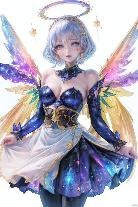 ((best quality)), ((masterpiece)),((ultra-detailed)), (illustration), (detailed light), (an extremely delicate and beautiful),
((solo)),((cowboy shot)),
(((a beautiful girl))),((small_breasts)),((looking at viewer)),
(galaxy adorns colorful wings),(((starry_wings,galaxy_wings):1.5)),(Glowing line tattoos),
(galaxy adorns colorful dress),(Glowing halo),
(beautiful eyes),white hair,
[(white background:1.7):white background:5],
((standding))
