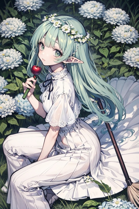 Green theme, (forest background: 1.3), depth of field, (forest, high contrast, alternating light and dark, mottled light), (design sense, hazy feeling), and a hazy atmosphere,(from above:1.3),(from side),
BREAK
(Clear focus, deep focus, sharp focus)
BREAK
1 girl, elf, emerald green hair, (wreath, cold white), white long skirt, linen shawl, tassels, pleated pattern,
Very long hair, sitting, mopping the floor with long hair,
Shrubs, green roses, white daisies, green vines, hydrangeas, green apples