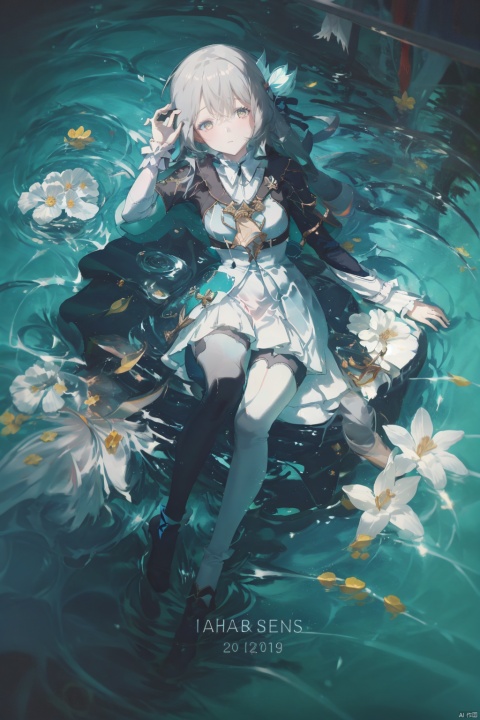 1girl, solo, thighhighs, long_hair, flower, dress, hair_ornament, lantern, water, ripples, bangs, white_flower, looking_at_viewer, full_body, black_thighhighs, copyright_name, long_sleeves, boots, white_footwear, white_dress, reflection, lying, grey_hair, 1girl,grey hair