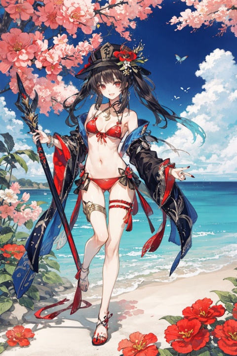 hu_tao_(genshin_impact), swimsuit, 1girl, bikini, boo_tao_(genshin_impact), breasts, hat, navel, black_nails, twintails, long_hair, brown_hair, outdoors, red_eyes, barefoot, beads, jewelry, bead_bracelet, small_breasts, black_bikini, nail_polish, sky, weapon, toenail_polish, very_long_hair, symbol-shaped_pupils, flower, looking_at_viewer, solo, ghost, holding, day, polearm, black_headwear, toenails, side-tie_bikini_bottom, smile, bracelet, holding_weapon, water, standing_on_one_leg, open_mouth, butterfly, standing, hat_flower, bug, blue_sky, ocean, plum_blossoms, stomach, cloud, bare_shoulders, string_bikini, blush, wading, tree, thighs, ass_visible_through_thighs, holding_polearm, thigh_gap, ring, bangs, full_body, 