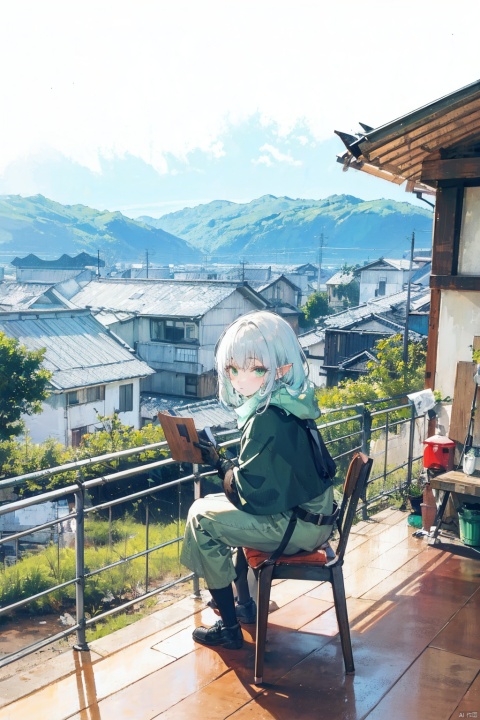 elf, 1girl, solo,
green eyes, white hair, long hair, (blunt bangs), pointy ears, floating hair, green gradient hair,
brown capelet, brown belt, pouch, winter clothes, gloves, long sleeves, leather, fur trim, scarf,
(chibi:1.1), expressionless, head rest, against fence, bent over, mountainous horizon, wooden house, town, balcony, from side,
, penSketch_style, ink sketch,
