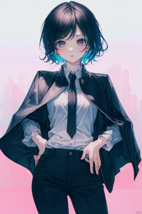 (masterpiece, best quality:1.2),patterned background, cowboy shot, solo, 1girl, ozen, expressionless, closed mouth, looking at viewer, hands on hips, black jacket, black cape, black pants