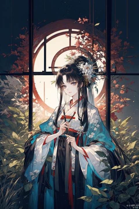 Fashion editorial style a asian girl with hanfu ruqun,Jin style, joint brand, ribbon, Withered leaves, old vines, plant illustration, splash ink,High fashion, trendy, stylish, editorial, magazine style, professional, highly detailed, cinematic lighting, Dramatic lighting, concept art, TIANQIJI