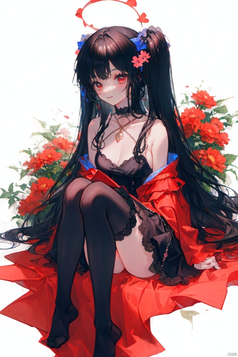 1girl, solo, long_hair, thighhighs, black_hair, red_eyes, hair_ornament, very_long_hair, black_thighhighs, sitting, looking_at_viewer, hair_flower, breasts, flower, dress, bare_shoulders, no_shoes, long_sleeves, bangs, black_dress, off_shoulder, closed_mouth, jewelry, full_body, red_flower, blunt_bangs, cleavage, wide_sleeves, collarbone, smile, medium_breasts, frills, detached_collar, small_breasts, necklace