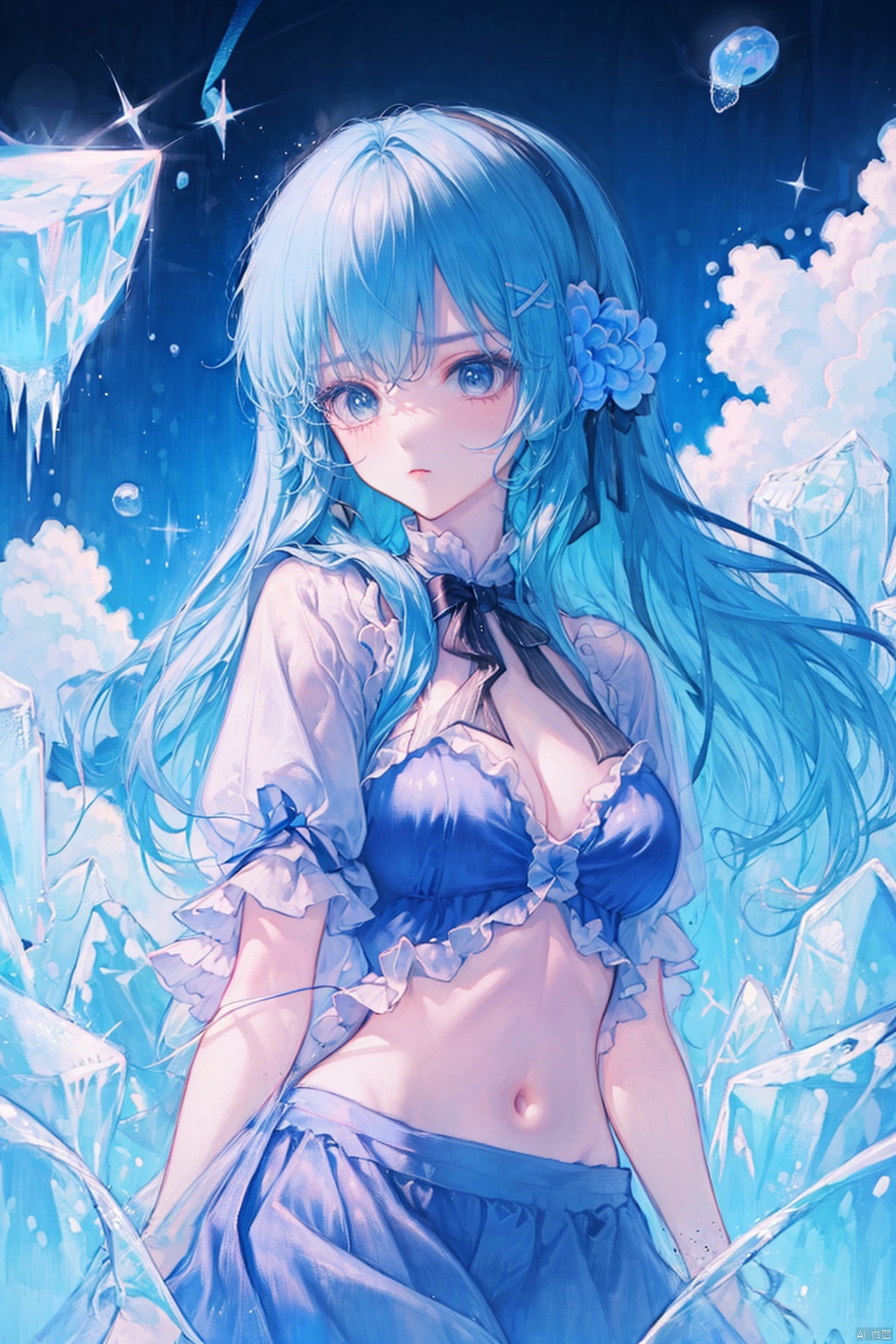 (((masterpiece))),best quality, illustration,(beautiful detailed girl),beautiful detailed glow,detailed ice,beautiful detailed water,(beautiful detailed eyes),expressionless,(floating palaces),azure hair,disheveled hair,long bangs, hairs between eyes,(skyblue dress),black ribbon,white bowties,midriff,{{{half closed eyes}}},big forhead,blank stare,flower,large top sleeves