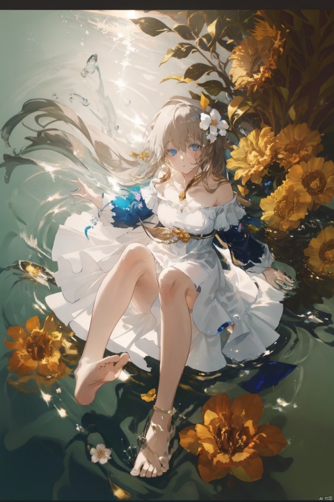 1girl, long_hair, barefoot, letterboxed, solo, dress, blue_eyes, hair_ornament, flower, feet, breasts, white_dress, looking_at_viewer, hair_flower, floating, water, toes, very_long_hair, brown_hair, full_body, bare_shoulders, black_hair, bangs, soles, bare_legs, floating_object