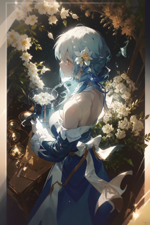 [Special effects: 0], (best quality, masterpiece), integrated details, illustration, extreme delete and beautiful,
(White flowers, Sophora japonica flower), (from above: 1.3), (from side),
[Characters: 0], (1Girl, full body), Black long straight hair, Blue headcard, Very long hair, French braid, (Hair card and head flower), (Off shoulder, suspend skin, Beautiful and delete patterns),
[Action: 0], looking towards the camera, a gentle breeze blowing, best shadow, lens flare use, silhouette, shaderenhance, Tear the banks, Holding a pot full of flowers in one hand
