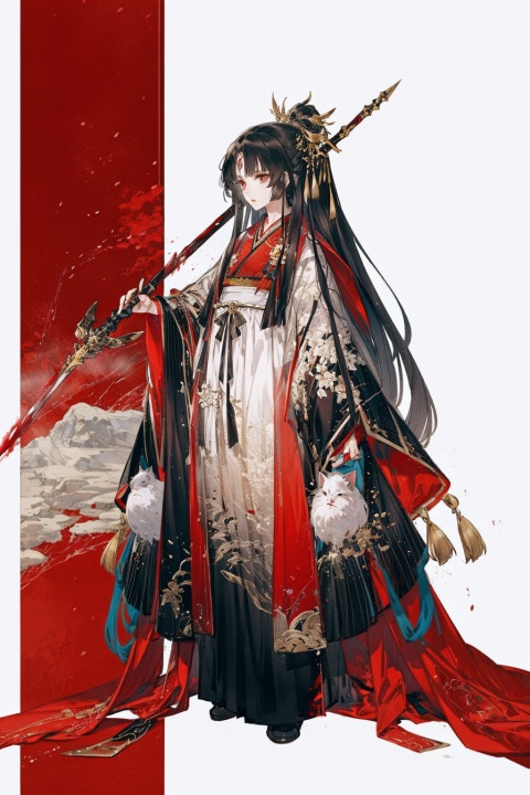 Vistas, steppes, meadows, horses, old-fashioned, exquisite, female cavalry, mature older sister, tall, tall, lipstick, long black hair (Hanfu style) , sharp eyes, red pupils, dark gold stripes Chinese clothes, long Spear in hand, black steed, spatter of blood