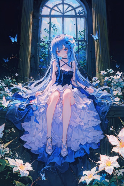 (masterpiece), (best quality), loli,1girl, flower, butterfly, hair flower, solo, hair ornament, blue eyes, long hair, dress, sitting, choker, water, black choker, bangs, pillar, blue butterfly, white hair, white flower, black footwear, black dress, frills, very long hair, frilled dress, collarbone, soaking feet, blue flower, sleeveless, looking at viewer, full body, parted lips, column, closed mouth, sleeveless dress, night, breasts