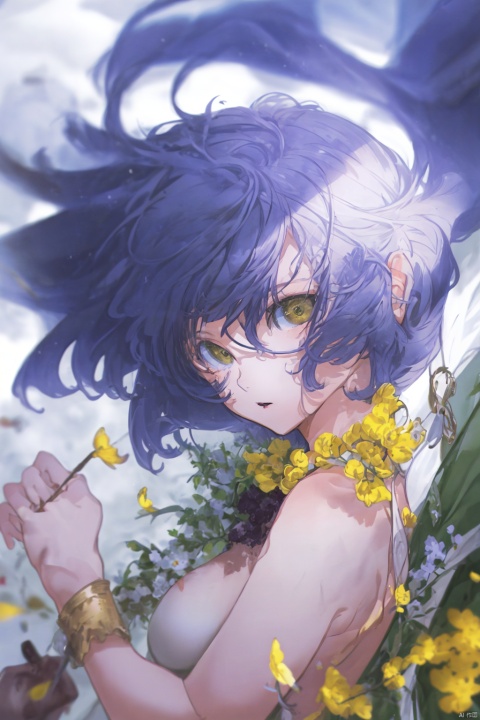  super fine illustration,masterpiece, best quality,{beautiful detailed eyes},1girl,finely detail,Depth of field, 4k wallpaper,bluesky,cumulus,wind,insanely detailed frills,extremely detailed lace,BLUE SKY,very long hair,Slightly open mouth,high ponytail,silver hair,small Breasts,cumulonimbus capillatus,slender waist,There are many scattered luminous petals,Hidden in the light yellow flowers,Depth of field,She bowed her head in frustration,Many flying drops of water,Upper body exposed,Many scattered leaves,branch ,angle ,contour deepening,cinematic angle ,{{{Classic decorative border}}}