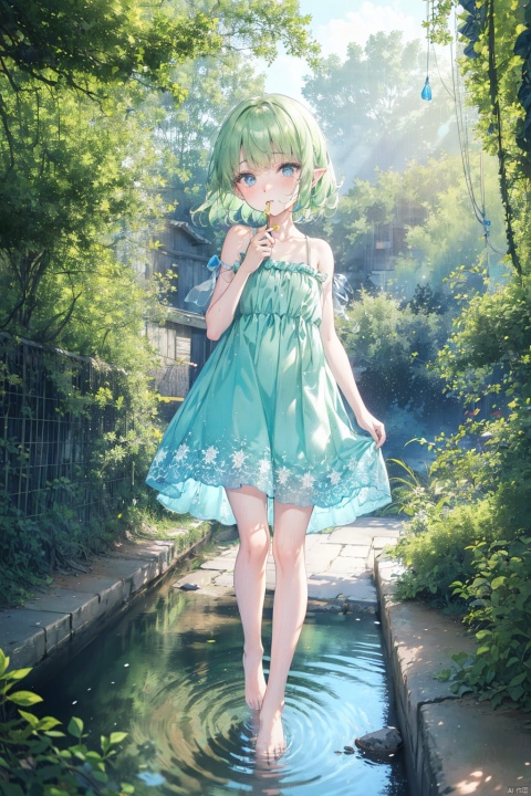 (masterpiece), (best quality), illustration, ultra detailed, hdr, Depth of field, (colorful), loli,green theme,the setting sun,vines,forest,Chamomile,cornflower,lens flare,hdr,Tyndall effect,damp,wet,1girl,bare shoulders,Light blue eyes,Sparkling eyes,(White light green gradient hair:1),(Light green dress with patterns),(bare legs),(Stepping on the stream:1),(holding flower:1.2),barefoot,long pointy ears,nose blush,flat color,float,closed mouth,hair twirling,constel lation,flat color,standing,long hair,solo