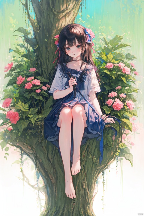 (masterpiece), (best quality), illustration, ultra detailed, hdr, Depth of field, (colorful), loli,a cute, solo, siting against a giant tree, water_side, full of colorful flowers,barefoot,holding wreath,