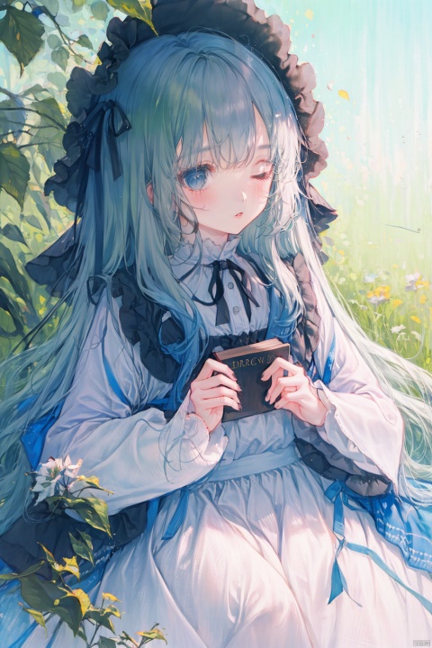 1girl,solo,half-closed eyes,eyes,lying,dress,white hair,on back,flower,white dress,parted lips,grass,holding,bangs,long sleeves,feathers,outdoors,quill,wide sleeves,sleeping,open book,white flower,blush,holding book,masterpiece,best quality,extremely detailed CG unity 8k wallpaper,long hair