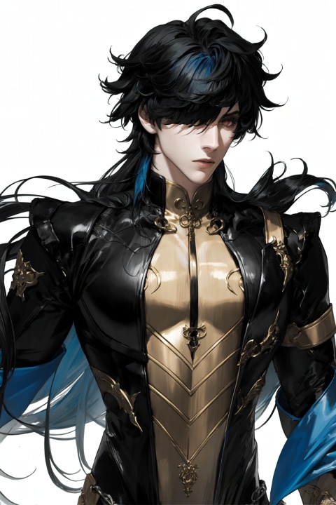 1boy, male focus, hair over one eye, solo, dark blue hair, bang, fight suit, body suit, closed mouth, ahoge, gloves, long hair, curlie,detached sleeves, gold trim, red eyes, black shirt, swept bangs, abs,black gloves,ren\(character\)