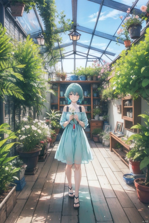 masterpiece, panorama,1 girl, solo_focus, long curly hair, peace expression, perfect body, light blue dress,off shoulder, beautiful lace decoration on dress, hair ornament, Holding a bunch of flowers, a delicate greenhouse, glass roof, wood floors, deep of field, wooden shelves covered with potted plants, colorful flowers,lily of the valley, rose, daisy, lily,lavender, spring, flowers, backlight, mLD, Glass flower room, nai3, (\ji jian\), cozy anime