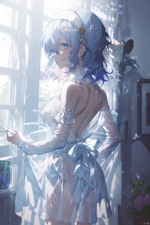  tsubasa (kureha), 1girl, arm at side, ass, bare arms, bare shoulders, black hair, blue eyes, blurry, blurry foreground, blush, breasts, closed mouth, covered nipples, cowboy shot, curtains, dress, from side, furrowed brow, hairband, indoors, large breasts, looking afar, medium hair, nightgown, no bra, no panties, parted lips, see-through, see-through dress, solo, standing, white dress, white hairband, white nightgown