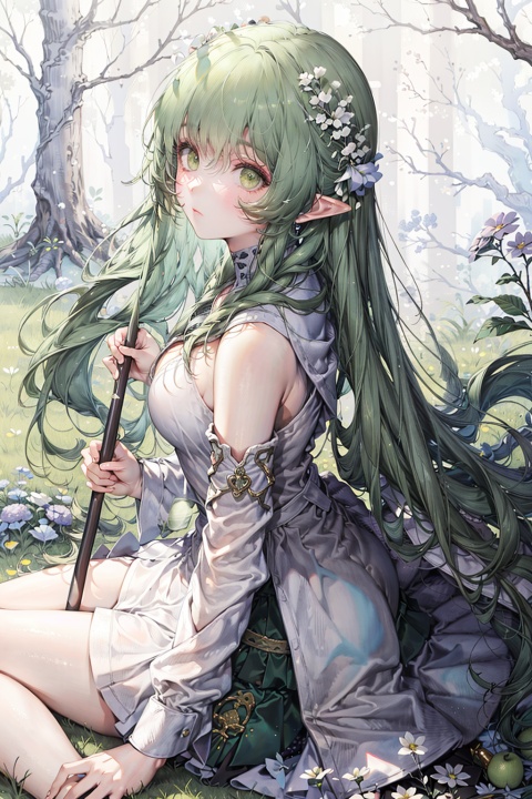 Green theme, (forest background: 1.3), depth of field, (forest, high contrast, alternating light and dark, mottled light), (design sense, hazy feeling), and a hazy atmosphere,(from above:1.3),(from side),
BREAK
(Clear focus, deep focus, sharp focus)
BREAK
1 girl, elf, emerald green hair, (wreath, cold white), white long skirt, linen shawl, tassels, pleated pattern,
Very long hair, sitting, mopping the floor with long hair,
Shrubs, green roses, white daisies, green vines, hydrangeas, green apples
