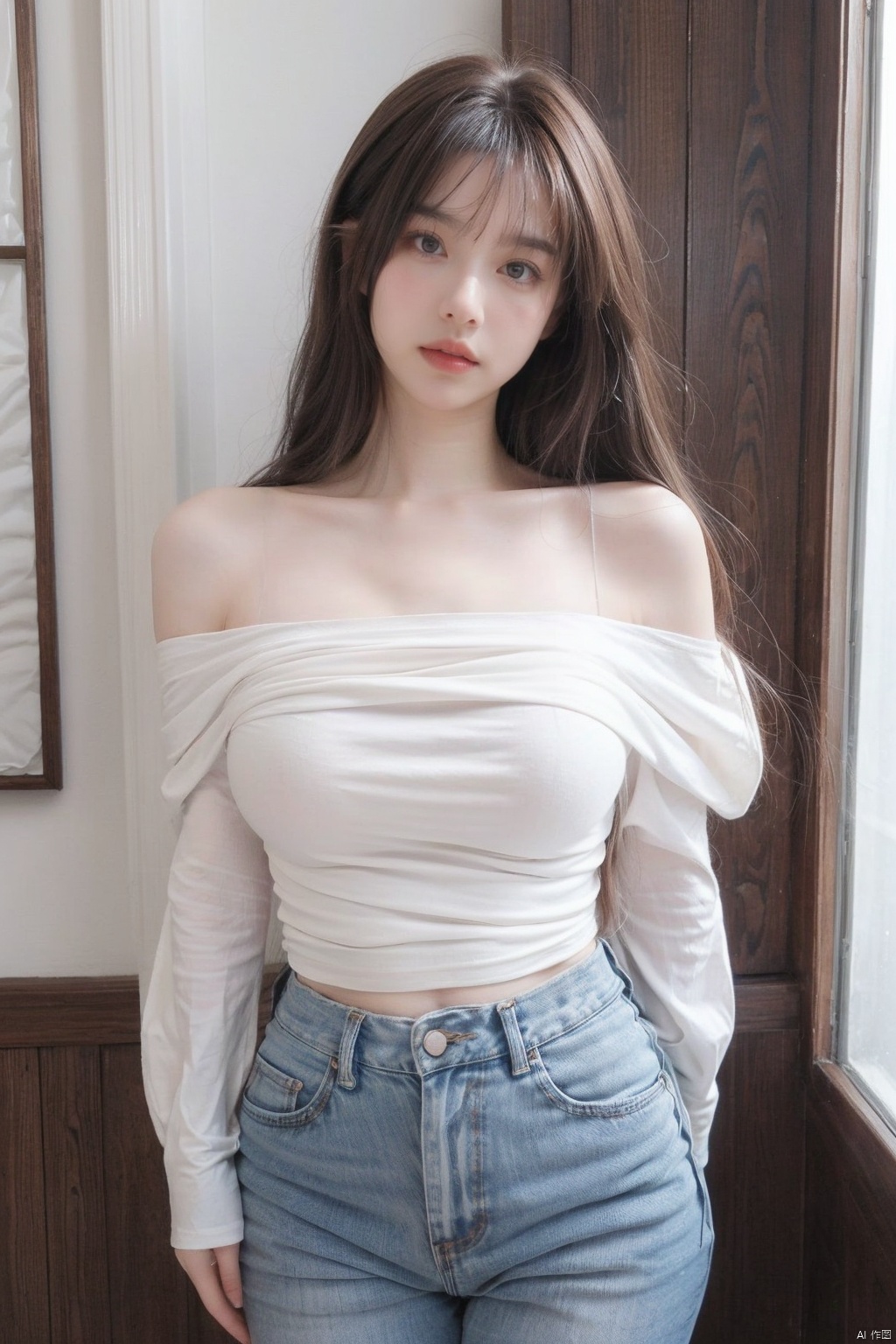  1girl, solo, long hair, breasts, looking at viewer, brown hair, shirt, long sleeves, bare shoulders, brown eyes, standing, white shirt, cowboy shot, pants, off shoulder, lips, denim, jeans, realistic, arms at sides, off-shoulder shirt,moyou