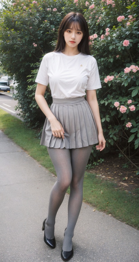  ((Best quality, unparalleled details, beauty)),1 girl, looking at viewer,big breasts, long hair, bangs, ear hair, white skin, skin texture, (full body), T-shirt, ,,,Pantyhose,High heels,(Mini pleated skirt:1.1),Short skirt,makeup,jewelry,Sakura,atmosphere,a4 waists,hourglass_figureHourglass,shadow, 1girl,moyou, , (Grey pantyhose: 1.5),yuzu,/forest park:1,(flower/):1.3