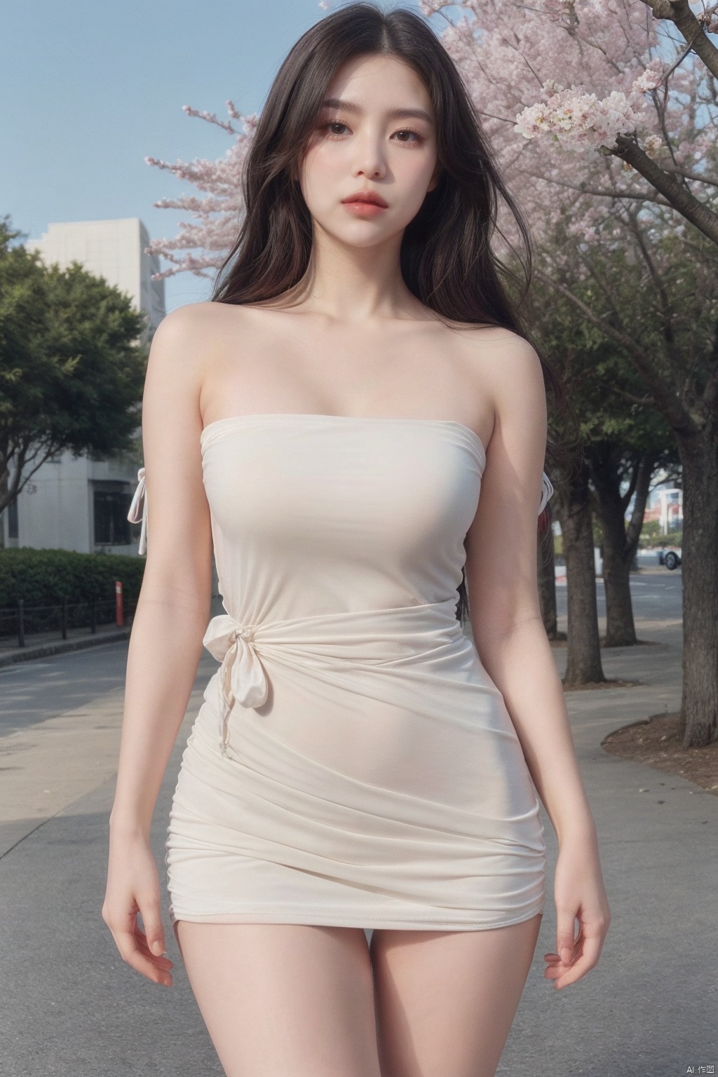  1 girl, delicate fingers, shiny skin,Exquisite face,Arrogant Twin Peaks,,Dress,Bare shoulder,Bow tie, narrow waist,Charming legs,Beautiful sky,The beautiful cherry grove,Cherry blossom,,Focus on characters, dress