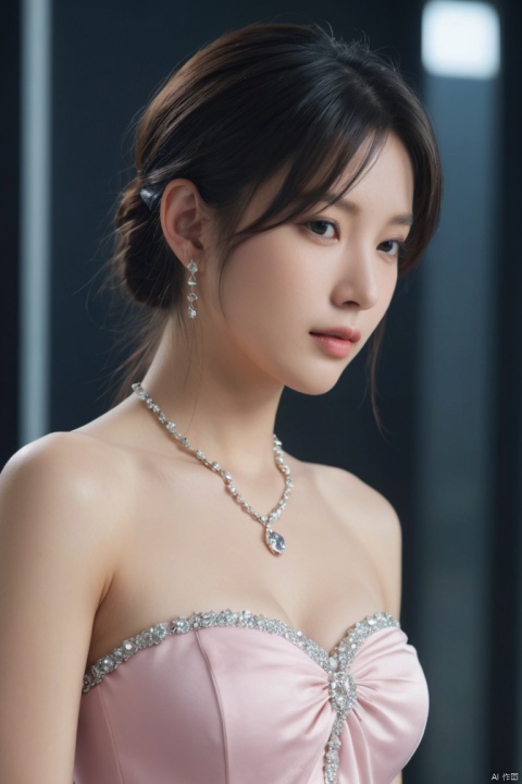 final fantasy,photorealistic,Bangs,Ear hair,jewelry,pantyhose,minimalism style, full hourglass body ,darksoul,platinu,ghostly beauty,reflect,intricately detailed,cinematic, fantastic background,high detail,high detail skin,real skin, sexy,pink dress,unbuttoned clothes,areola_slip,, strapless, strapless dress , jewels, 1girl