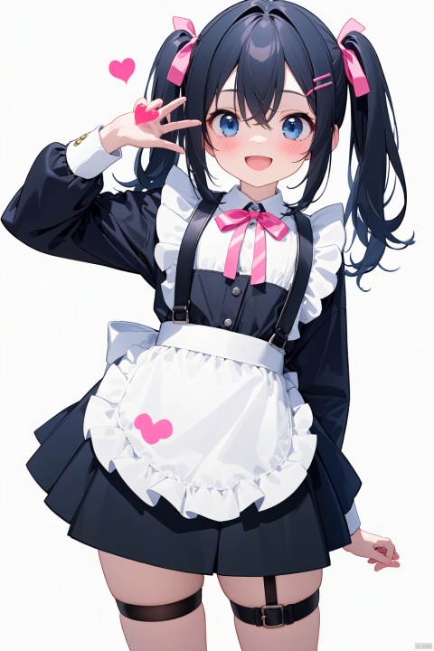 masterpiece,Realism,best quality,1girl,hair_ornament,solo,heart,pink thigh_strap,twintails,open_mouth,long_hair,blue_eyes,smile,hairclip,ribbon,apron,white_background,bow,striped,black_hair,bangs,simple_background,hair_between_eyes,