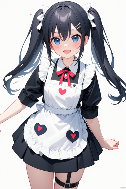 masterpiece,Realism,best quality,1girl,hair_ornament,solo,heart,thigh_strap,twintails,open_mouth,long_hair,blue_eyes,smile,hairclip,ribbon,apron,white_background,bow,striped,black_hair,bangs,simple_background,hair_between_eyes,