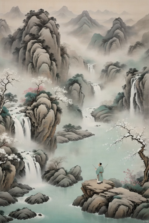 winter,snowing,snowflake,Air perspective, defocus, depth of field,(((foggy))),wide falls,flowers,mountain,Flat coating,light color,foggy,Chinese ancientpaintings,traditional chinese ink painting,cyan and pure white ink painting,a man standing on a stone,high view