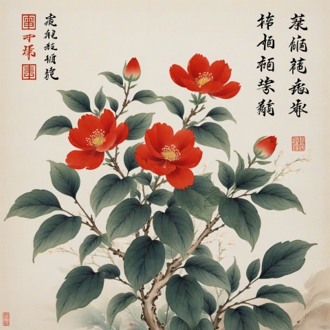 GFSM, flower, no humans, leaf, plant, white flower, traditional media, painting \(medium\), watercolor \(medium\), simple background, red flower, tree, chinese text, seal,