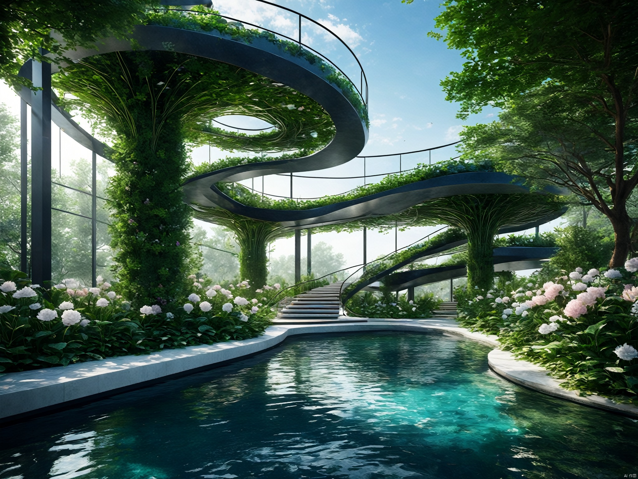  The architectural appearance is magical, deep sea style, the sky garden adopts the design principle of Riemann surface, the whole garden seems to be a multi-dimensional space, every corner is full of surprises and changes. Visitors can stroll here, appreciate the flowers, view the scenery, feel the charm of mathematics and the harmony of nature, 3D rendering, highly detailed, natural lighting, mathematical design art, amazing visual feast, epic visual art architecture, master works, mathematical design art, amazing visual feast, visual art architecture, master works,
