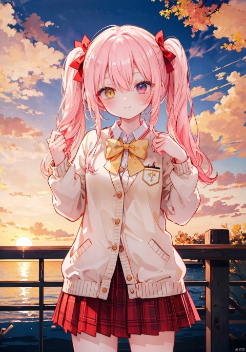  (8k, RAW photo, best quality, masterpiece:1.2),(yellow theme:1.6),loli, solo, long hair, looking at viewer, blush, smile, bangs, blue eyes, skirt, shirt, red eyes, long sleeves, bow, hair between eyes, twintails, very long hair, closed mouth, school uniform, standing, jacket, white shirt, pink hair, white hair, hair bow, multicolored hair, cowboy shot, pleated skirt, outdoors, open clothes, sky, striped, collared shirt, cloud, miniskirt, bowtie, red bow, open jacket, plaid, hands up, dress shirt, gradient hair, red skirt, low twintails, heterochromia, plaid skirt, blazer, red bowtie, sunset, striped bow, railing,
jpe-hd,ll-hd, ty-hd, pf-hd