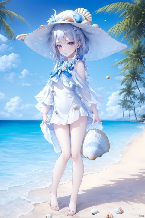  (masterpiece), (best quality), Exquisite visuals, high-definition, (ultra detailed), finely detail, ((solo)), (white Silver hair), (gradient Blue), (beautiful detailed eyes), Kawai, loveliness,standing, ((full body)),
a shell with short white hair, anthropomorphic shells, wearing a white shell outfit . (((Shell clothes：1.8, and hats))).
The environment is next to the beach, with coconut trees and many seashells on the beach
, bk-hd, pf-hd, ll-hd, kme-hd