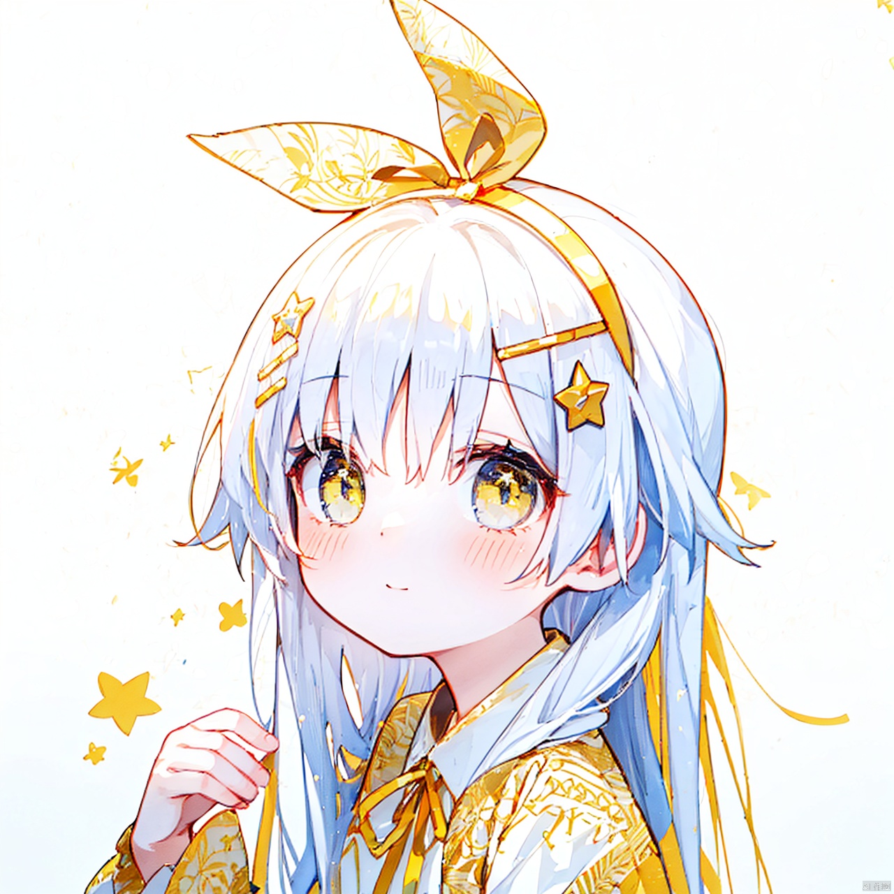  (8k, RAW photo, best quality, masterpiece:1.2),(yellow theme:1.6),loli, solo, long hair, looking at viewer, blush, bangs, blue eyes, simple background, hair ornament, long sleeves, white background, ribbon, hair between eyes, bare shoulders, closed mouth, hair ribbon, upper body, white hair, hairband, detached sleeves, hairclip, hand up, star \(symbol\), neck ribbon, blue ribbon, star hair ornament, blue hairband

复制提示词jpe-hd,ll-hd, ty-hd, pf-hd