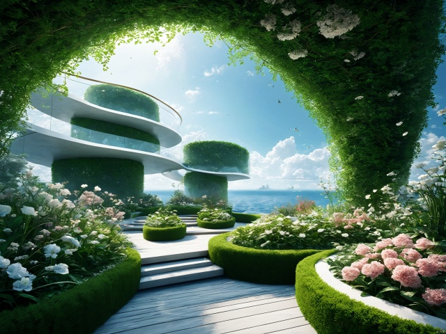  The architectural appearance is magical, deep sea style, the sky garden adopts the design principle of Riemann surface, the whole garden seems to be a multi-dimensional space, every corner is full of surprises and changes. Visitors can stroll here, appreciate the flowers, view the scenery, feel the charm of mathematics and the harmony of nature, 3D rendering, highly detailed, natural lighting, mathematical design art, amazing visual feast, epic visual art architecture, master works, mathematical design art, amazing visual feast, visual art architecture, master works,