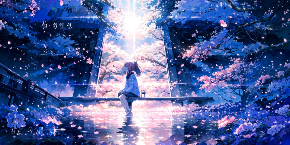  1girl,[sitting under the sakura tree,knee up], (from side,wide shot,mid shot,full body,panorama),(looking up),(pink petals,tyndall effect,English text),backlight,ll-hd, mz-hd