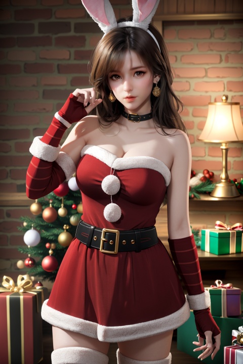 (8k, RAW photo, best quality, masterpiece:1.2),hatching (texture),skin gloss,light persona,
(high detailed skin),glossy skin,
1girl,solo,very long hair,rabbit ears,animal ears,bare shoulders,belt,christmas,red dress,fingerless gloves,santa costume,striped thighhighs,
xwhd,looking at viewer,