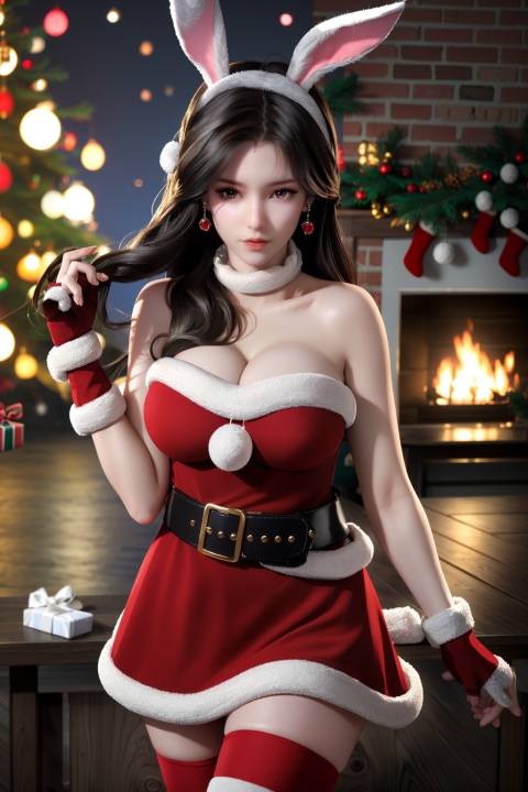 (8k, RAW photo, best quality, masterpiece:1.2),hatching (texture),skin gloss,light persona,
(high detailed skin),glossy skin,
1girl,solo,very long hair,rabbit ears,animal ears,bare shoulders,belt,christmas,red dress,fingerless gloves,santa costume,striped thighhighs,
xwhd,looking at viewer,