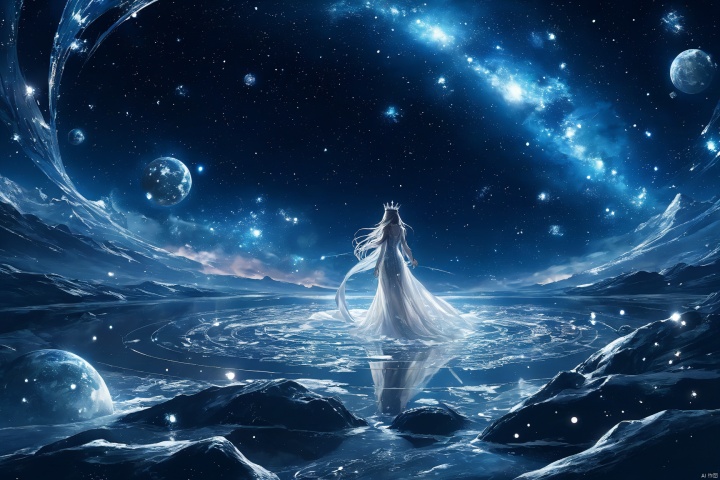  1 girl, adrift in a sea of stars, clad in a shimmering dress that mirrors the cosmos, crowned with a tiara of twinkling constellations, delicate bracelets of stardust encircling her wrists, her eyes reflecting the vastness of space, floating amidst nebula clouds, planets visible in the distance, comet tail streaking by, celestial beings watching over her, a sense of wonder and exploration, serene and peaceful, otherworldly beauty., hubg_jsnh, yyy,ccc, Hyperdetailed Photography, glow, ((poakl)), g011, bailing_ice_sculpture