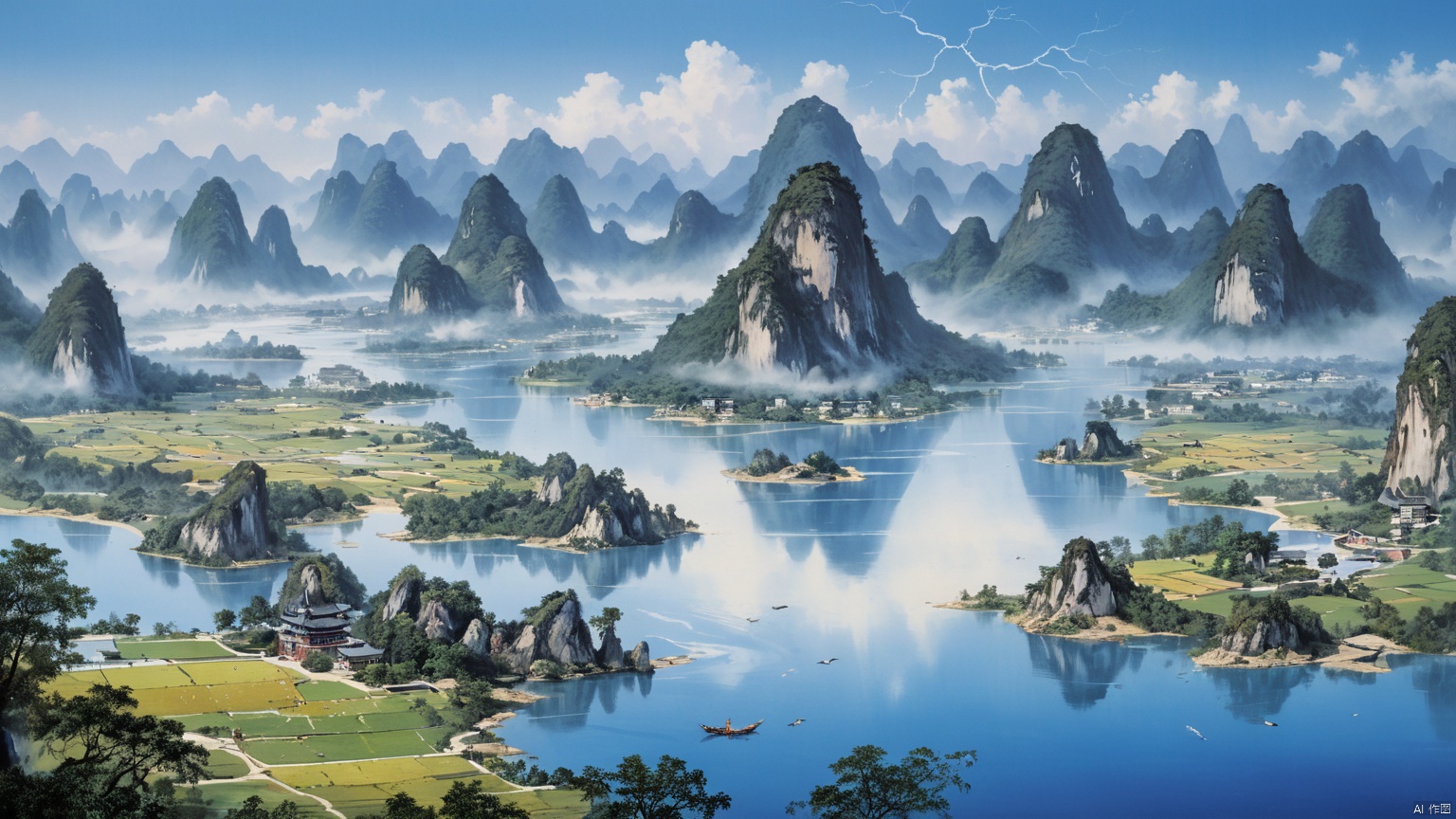  Landscape of Guilin,lakes,Reflect the sky,(Jet hole blue flame and lightning 1.0),(Adequate sunlight 1.5),(Optical materials 1.0),(Water in glass materials 1.5),(beach 1.0),(wonderland 1.0),Overlooking,,(sea 1.9),,Representative,boutique, Ultra HD, , reflection, masterpiece, true light and shadow, wide Angle, outdoors, sky, day,, blue sky, (no humans 99.9),nature, scenery, Water, (High Quality), Best Quality, (4K), 8K, Super Detail, (Full Detail), (Masterpiece), (Realistic), Super Detail, (Exquisite Detail), Intricate, Traditional Chinese Ink Painting,Mountain peaks, blue sky, flowing water,Wild goose, Scenery,