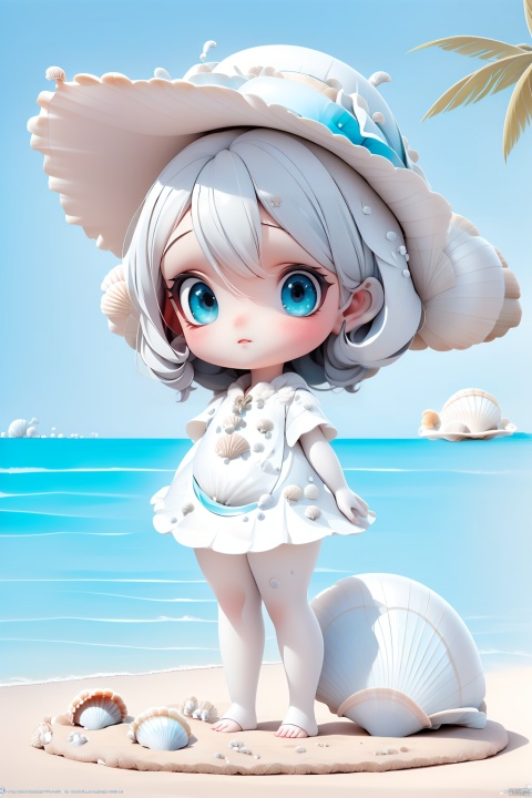  (masterpiece), (best quality), Exquisite visuals, high-definition, (ultra detailed), finely detail, ((solo)), (white Silver hair), (gradient Blue), (beautiful detailed eyes), Kawai, loveliness,standing, ((full body)),
a shell with short white hair, anthropomorphic shells, wearing a white shell outfit . (((Shell clothes：1.8, and hats))).
The environment is next to the beach, with coconut trees and many seashells on the beach
, bk-hd, pf-hd, ll-hd