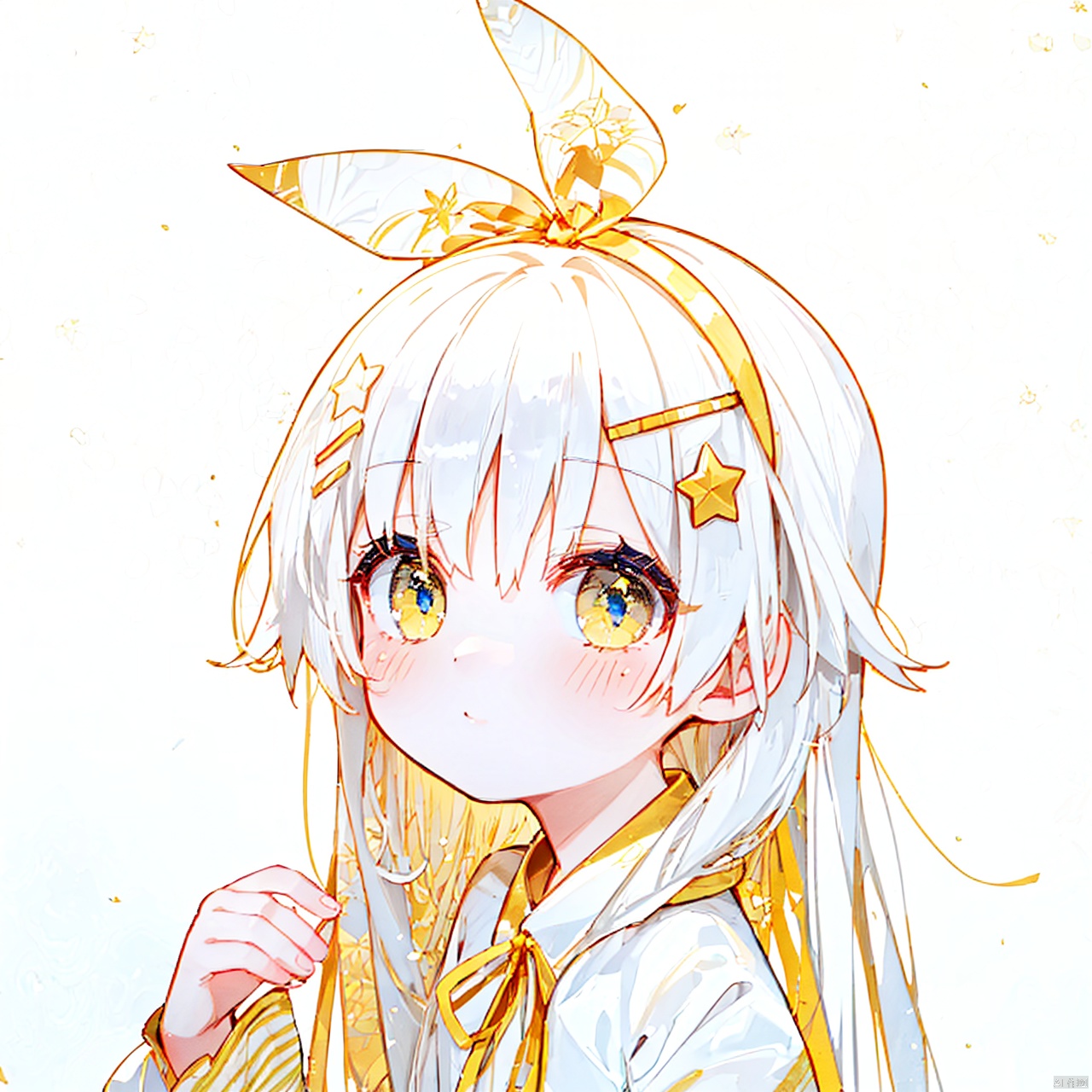  (8k, RAW photo, best quality, masterpiece:1.2),(yellow theme:1.6),loli, solo, long hair, looking at viewer, blush, bangs, blue eyes, simple background, hair ornament, long sleeves, white background, ribbon, hair between eyes, bare shoulders, closed mouth, hair ribbon, upper body, white hair, hairband, detached sleeves, hairclip, hand up, star \(symbol\), neck ribbon, blue ribbon, star hair ornament, blue hairband

复制提示词jpe-hd,ll-hd, ty-hd, pf-hd