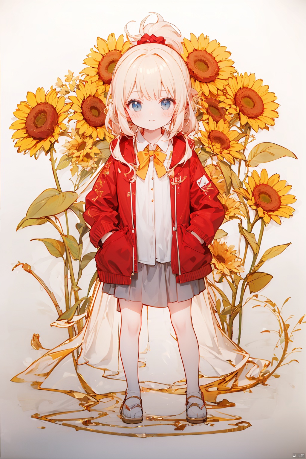  (8k, RAW photo, best quality, masterpiece:1.2),loli,petite,long hair, red Jacket,high ponytail,collared shirt,hair flower,fipped hair,floating hair,Frown,hands in pockets,dress,bowtie,(solo),sky, skyline, skyscraper, smile, solo, sunflower, tower-line art,flower-line art,,jpe-hd,ll-hd, ty-hd, pf-hd,yellow theme,simple_background