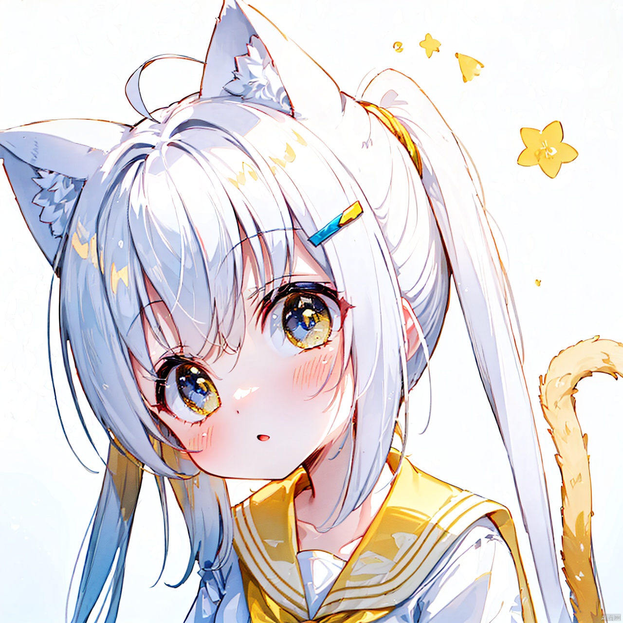  (8k, RAW photo, best quality, masterpiece:1.2),(yellow theme:1.6),loli, solo, long hair, looking at viewer, blush, bangs, blue eyes, simple background, shirt, hair ornament, white background, animal ears, hair between eyes, twintails, school uniform, collarbone, tail, white shirt, upper body, ahoge, white hair, short sleeves, parted lips, serafuku, hairclip, cat ears, sailor collar, cat tail, neckerchief, animal ear fluff, head tilt, cat girl, white sailor collar, tail raised, blue neckerchief
jpe-hd,ll-hd, ty-hd, pf-hd