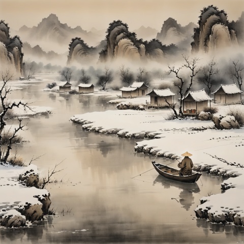  Chinese ink painting,Chinese landscape.On a solitary boat on the river, an old man wearing a straw hat was fishing alone on the cold river surface.(Snowfall, snowy ground),
telephoto lenses,from bottom, (cinematic compositions), masterpieces, best quality, high-resolution, delicate details, realistic shadows, diffuse reflections