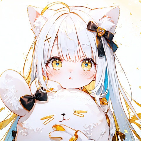  (8k, RAW photo, best quality, masterpiece:1.2),(yellow theme:1.6),loli, solo, long hair, looking at viewer, blush, bangs, blue eyes, simple background, hair ornament, long sleeves, white background, bow, animal ears, tail, upper body, ahoge, white hair, hair bow, heart, parted lips, cat ears, :o, cat tail, black bow, stuffed toy, stuffed animal, x hair ornament, cat girl, heart hair ornament
jpe-hd,ll-hd, ty-hd, pf-hd